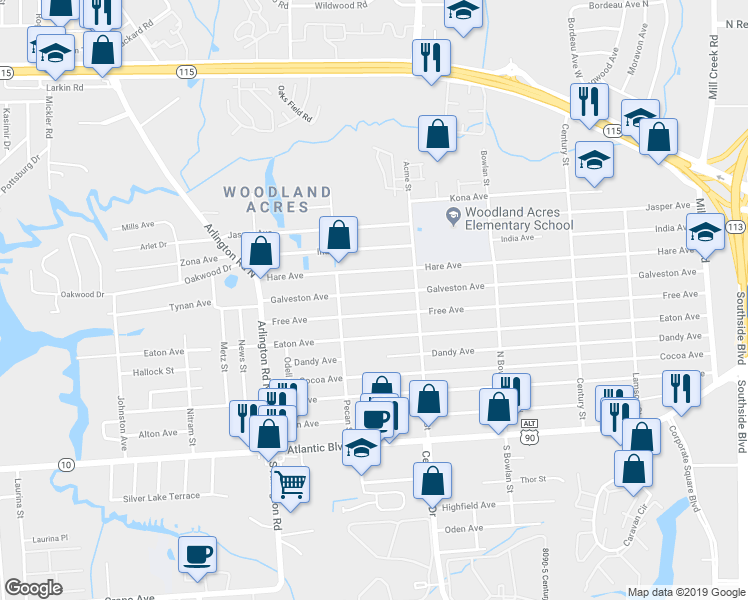 map of restaurants, bars, coffee shops, grocery stores, and more near 7921 Galveston Avenue in Jacksonville