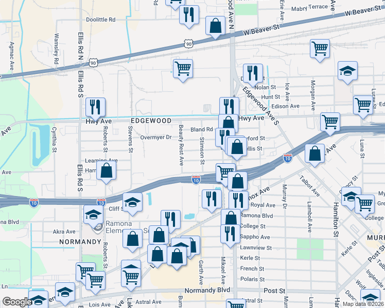 map of restaurants, bars, coffee shops, grocery stores, and more near 5205 Benning Road in Jacksonville