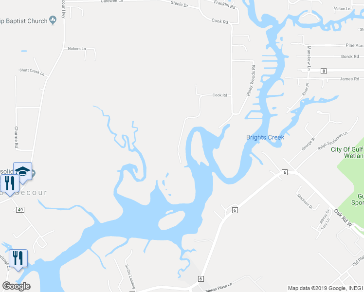 map of restaurants, bars, coffee shops, grocery stores, and more near 6518 Cook Road in Foley