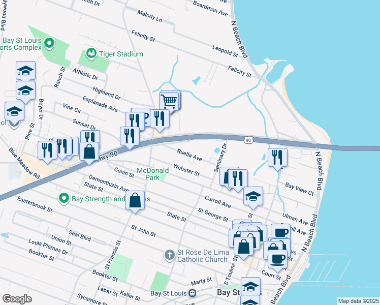 map of restaurants, bars, coffee shops, grocery stores, and more near 292 U.S. 90 in Bay St. Louis
