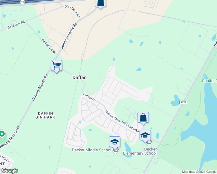 map of restaurants, bars, coffee shops, grocery stores, and more near 7500 Daffan Lane in Austin