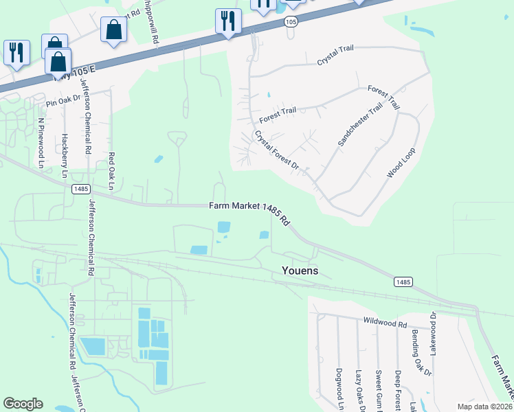 map of restaurants, bars, coffee shops, grocery stores, and more near 3290 Crystal Forest Circle in Conroe