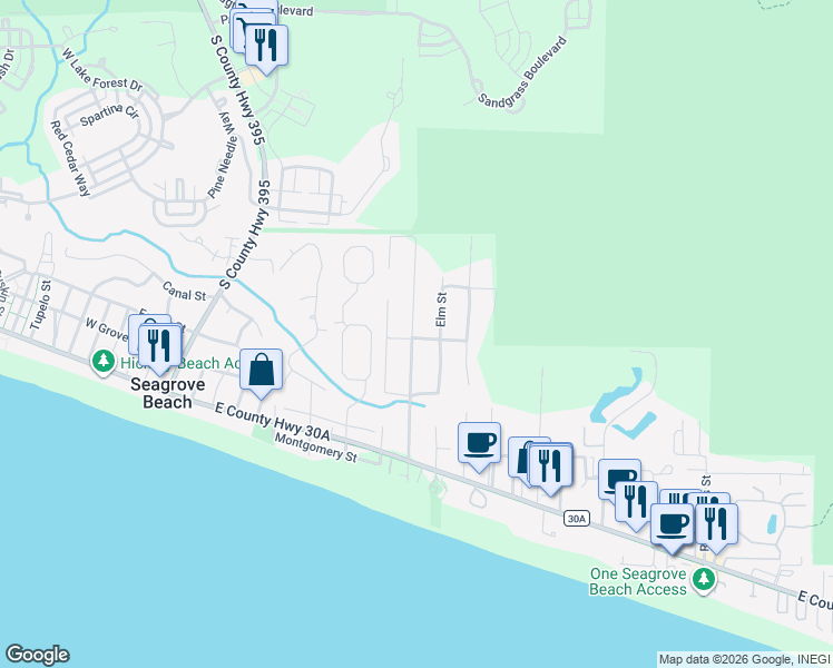 map of restaurants, bars, coffee shops, grocery stores, and more near 344 San Juan Avenue in Santa Rosa Beach