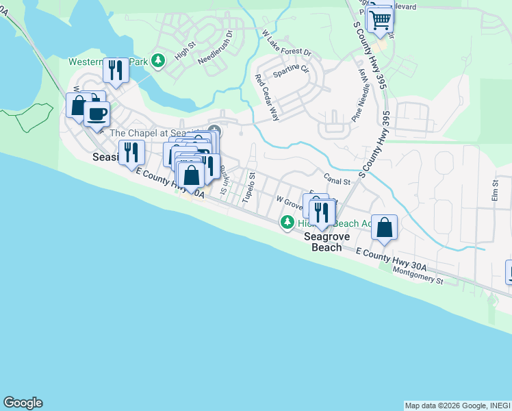 map of restaurants, bars, coffee shops, grocery stores, and more near 47A Tupelo Street in Santa Rosa Beach