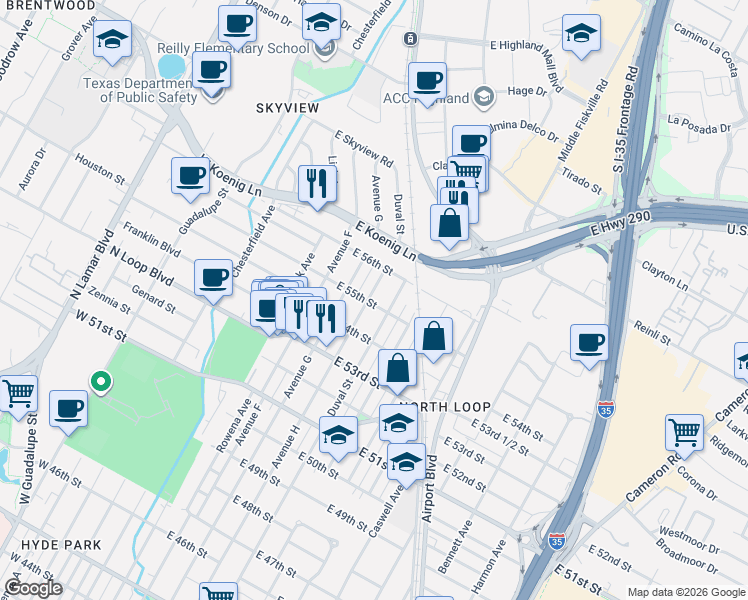 map of restaurants, bars, coffee shops, grocery stores, and more near 5509 Avenue H in Austin