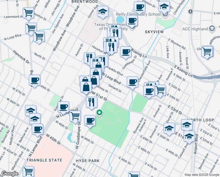 map of restaurants, bars, coffee shops, grocery stores, and more near 5204 Guadalupe Street in Austin