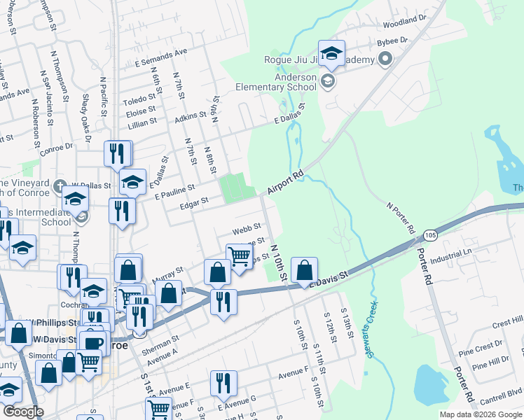 map of restaurants, bars, coffee shops, grocery stores, and more near 1016 Reeves Street in Conroe