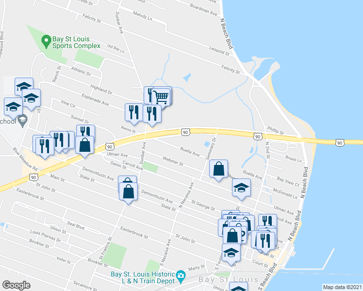 map of restaurants, bars, coffee shops, grocery stores, and more near 317 Ruella Avenue in Bay Saint Louis