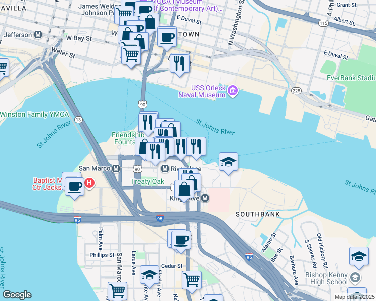 map of restaurants, bars, coffee shops, grocery stores, and more near 1431 Riverplace Boulevard in Jacksonville