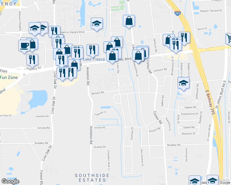 map of restaurants, bars, coffee shops, grocery stores, and more near 10063 Agave Circle South in Jacksonville