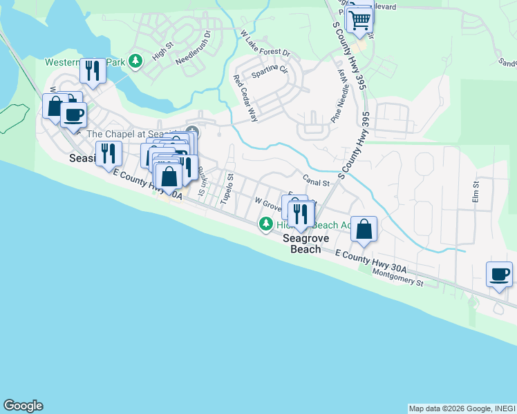 map of restaurants, bars, coffee shops, grocery stores, and more near 271 West Grove Avenue in Santa Rosa Beach