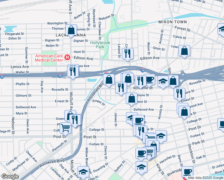 map of restaurants, bars, coffee shops, grocery stores, and more near 2753 Rosselle Street in Jacksonville