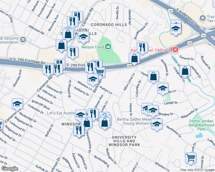 map of restaurants, bars, coffee shops, grocery stores, and more near 1712 Patton Lane in Austin