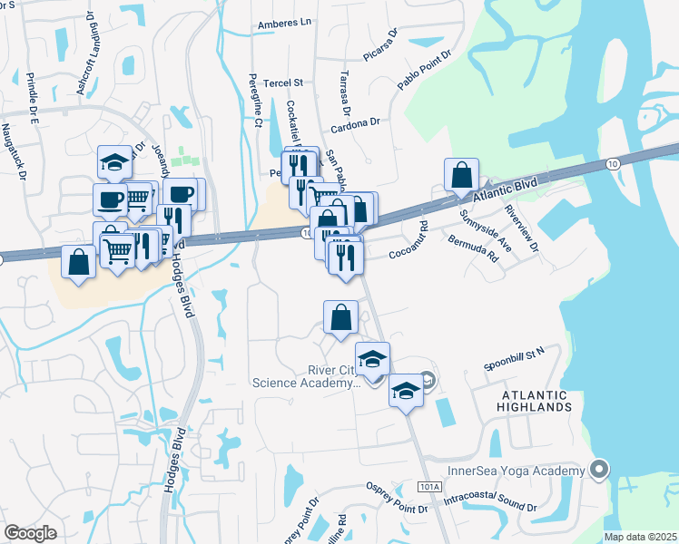 map of restaurants, bars, coffee shops, grocery stores, and more near 13474 Atlantic Boulevard in Jacksonville