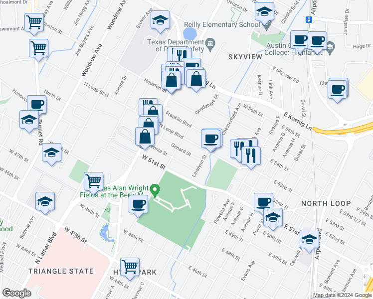 map of restaurants, bars, coffee shops, grocery stores, and more near 502 Genard Street in Austin