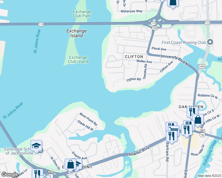 map of restaurants, bars, coffee shops, grocery stores, and more near 5302 Clifton Road in Jacksonville