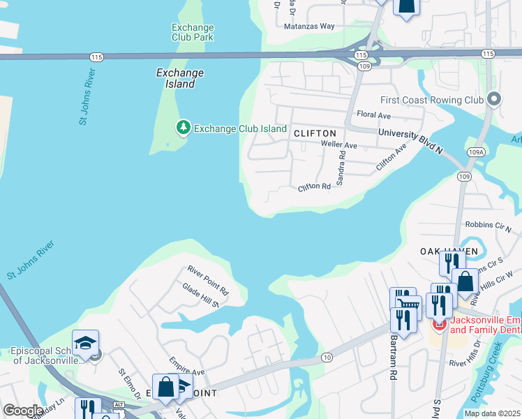 map of restaurants, bars, coffee shops, grocery stores, and more near 5302 Clifton Road in Jacksonville