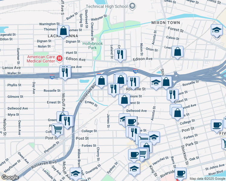 map of restaurants, bars, coffee shops, grocery stores, and more near 2753 Rosselle Street in Jacksonville