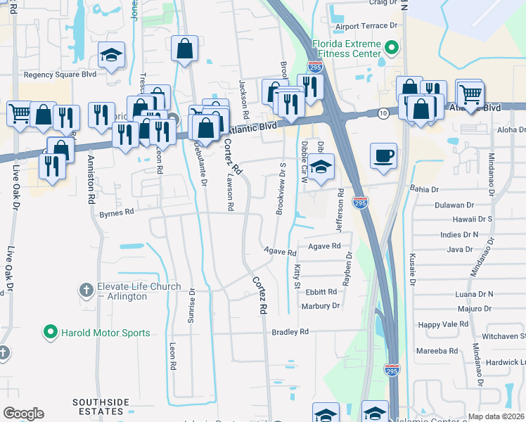 map of restaurants, bars, coffee shops, grocery stores, and more near 10302 Driftwood Road in Jacksonville