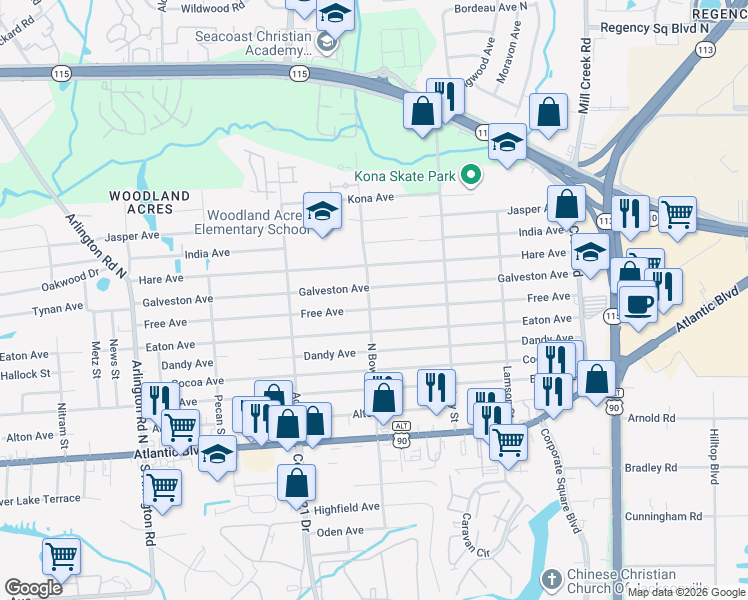 map of restaurants, bars, coffee shops, grocery stores, and more near 8442 Galveston Avenue in Jacksonville