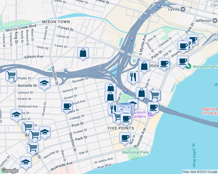 map of restaurants, bars, coffee shops, grocery stores, and more near 711 Margaret Street in Jacksonville