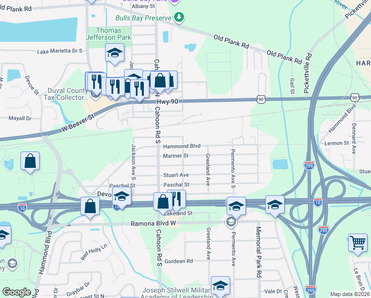 map of restaurants, bars, coffee shops, grocery stores, and more near 8003 Hammond Boulevard in Jacksonville