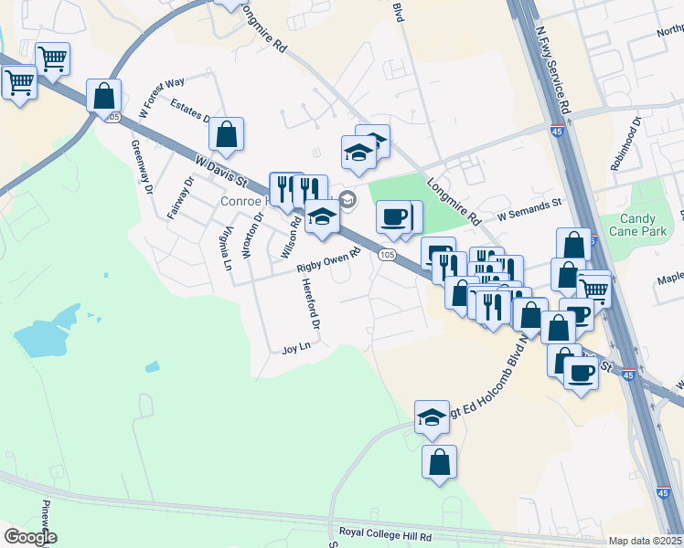 map of restaurants, bars, coffee shops, grocery stores, and more near 99 Rigby Owen Road in Conroe