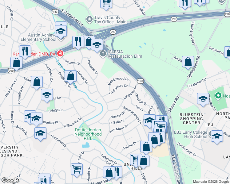 map of restaurants, bars, coffee shops, grocery stores, and more near 7111 Fred Morse Drive in Austin
