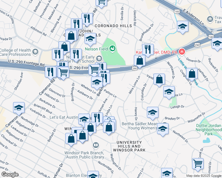map of restaurants, bars, coffee shops, grocery stores, and more near 1714 Patton Lane in Austin