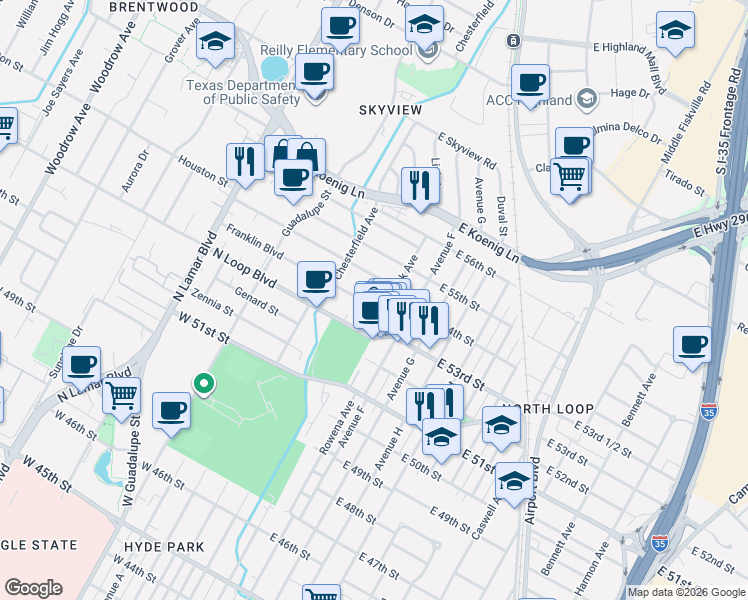 map of restaurants, bars, coffee shops, grocery stores, and more near 109 Nelray Boulevard in Austin