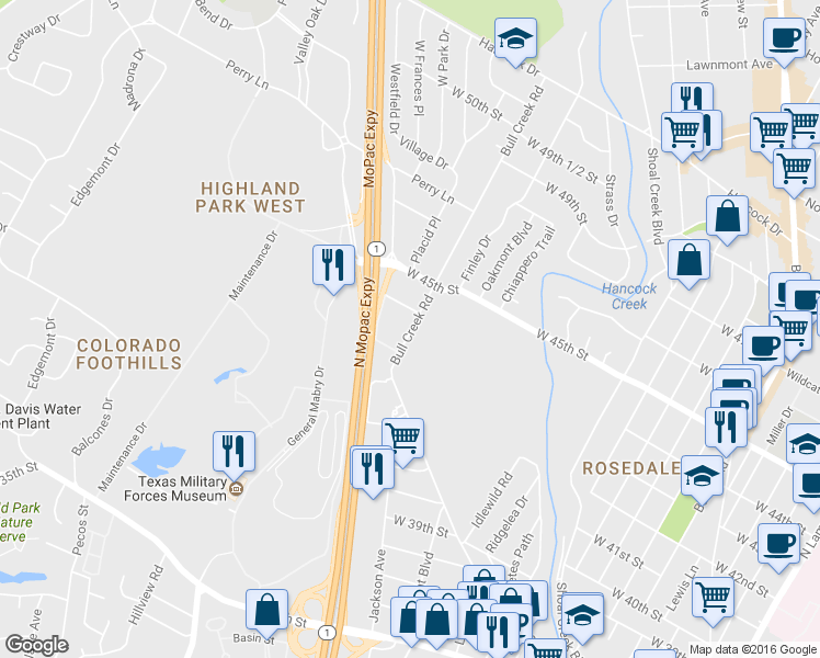 map of restaurants, bars, coffee shops, grocery stores, and more near 4332 Bull Creek Road in Austin