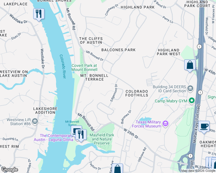 map of restaurants, bars, coffee shops, grocery stores, and more near 4000 Balcones Drive in Austin
