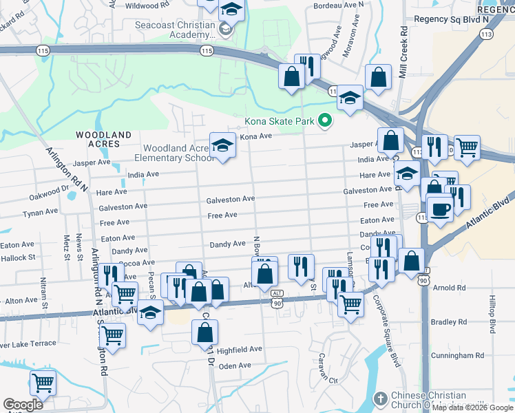 map of restaurants, bars, coffee shops, grocery stores, and more near 8442 Galveston Avenue in Jacksonville
