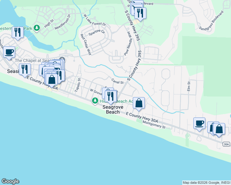map of restaurants, bars, coffee shops, grocery stores, and more near 2858 South County Highway 395 in Santa Rosa Beach
