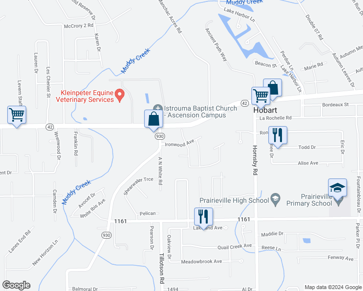 map of restaurants, bars, coffee shops, grocery stores, and more near Ironwood Avenue in Prairieville