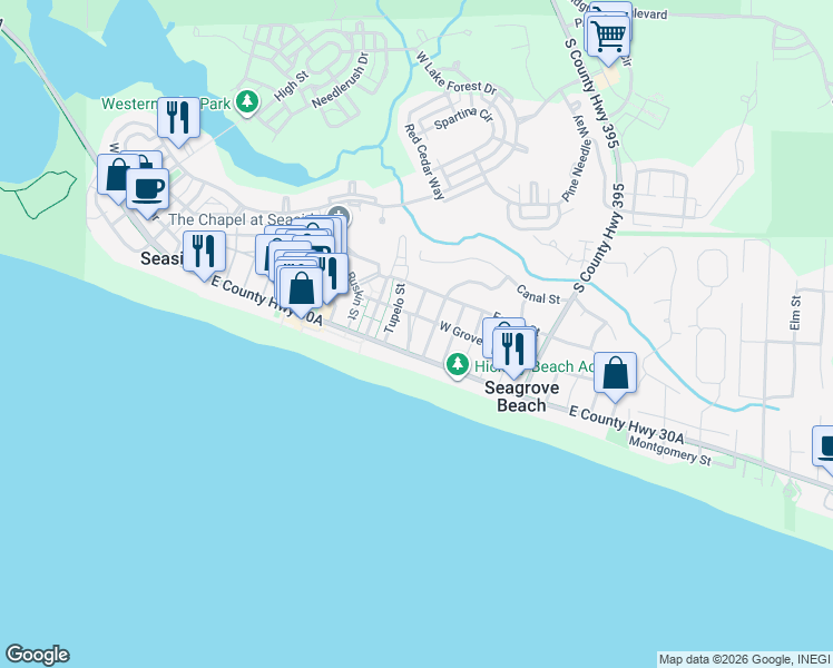map of restaurants, bars, coffee shops, grocery stores, and more near 271 West Grove Avenue in Santa Rosa Beach