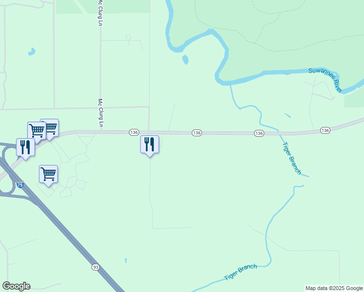 map of restaurants, bars, coffee shops, grocery stores, and more near 2166 Northwest Thunder Road in White Springs