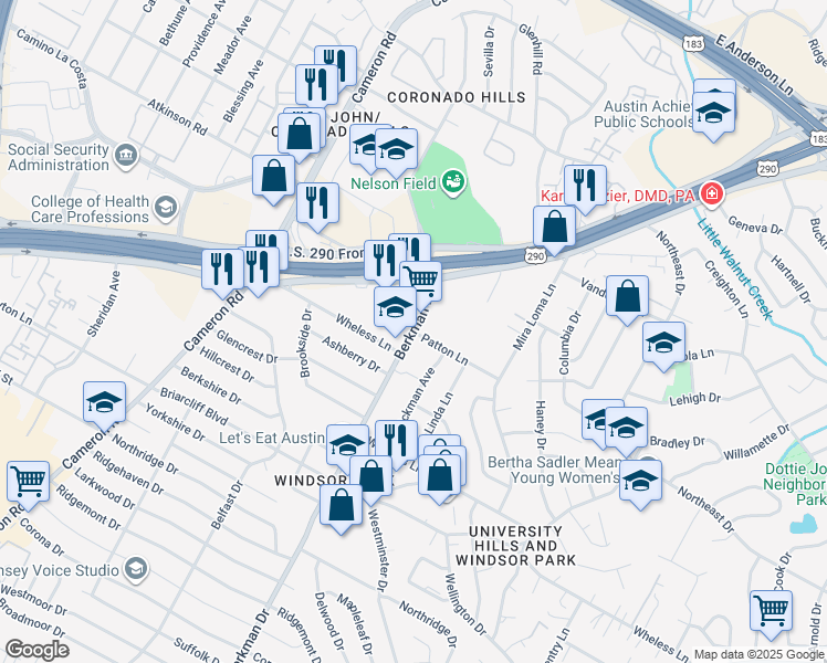 map of restaurants, bars, coffee shops, grocery stores, and more near Berkman Drive & Patton Lane in Austin