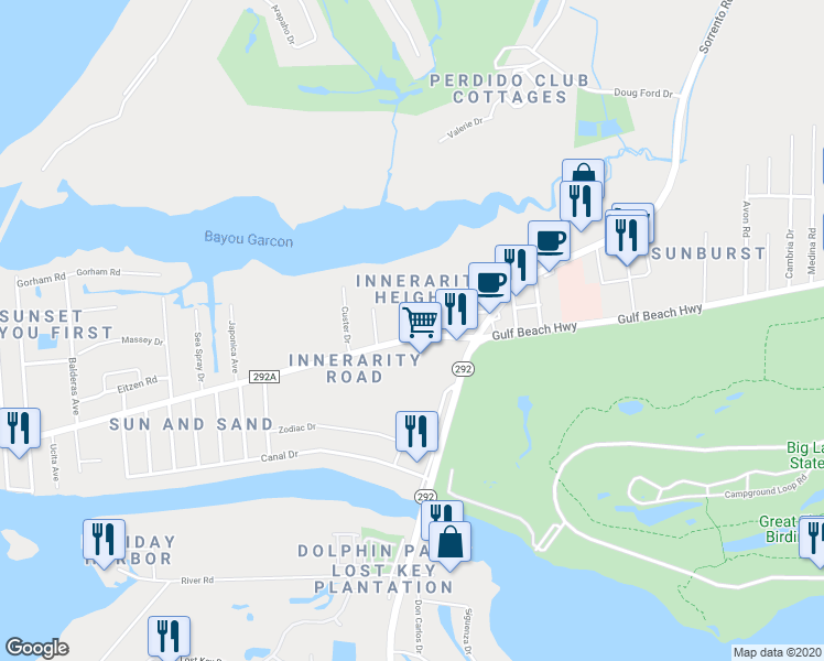 map of restaurants, bars, coffee shops, grocery stores, and more near 13650 Innerarity Point Road in Pensacola