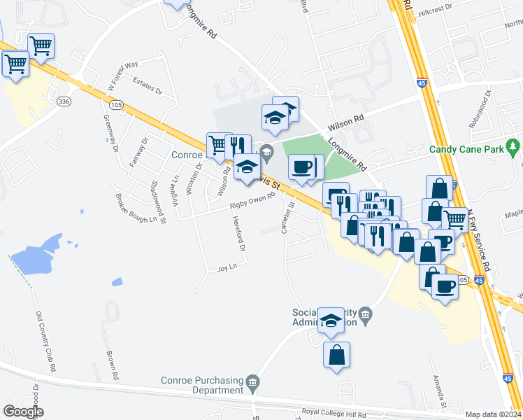map of restaurants, bars, coffee shops, grocery stores, and more near 99 Rigby Owen Road in Conroe