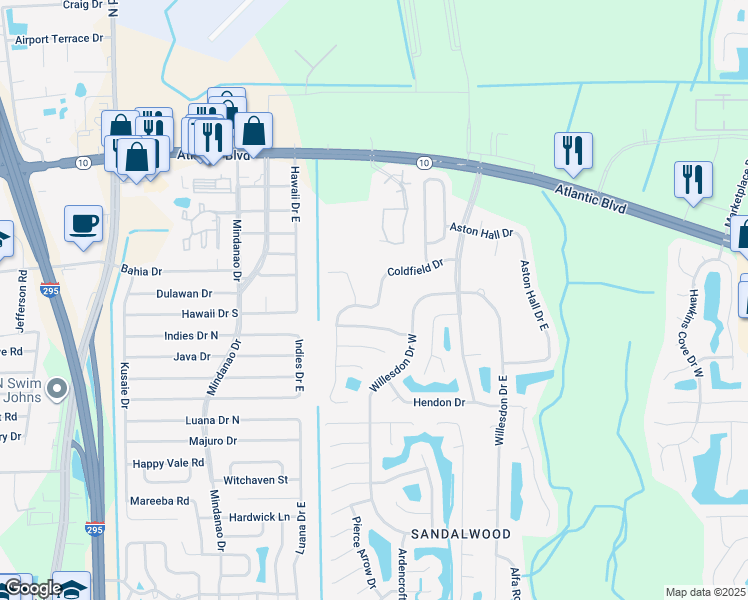 map of restaurants, bars, coffee shops, grocery stores, and more near 11105 Coldfield Drive in Jacksonville