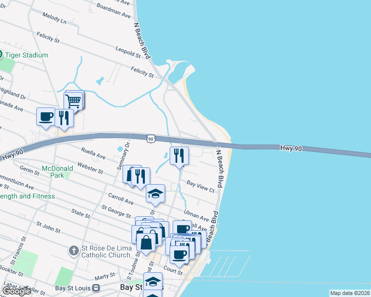 map of restaurants, bars, coffee shops, grocery stores, and more near 2-14 Breath Ln in Bay St Louis