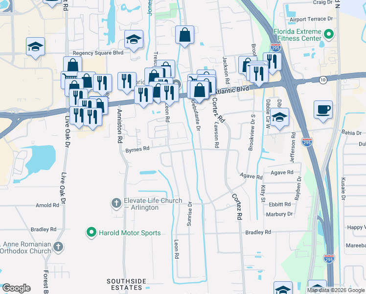 map of restaurants, bars, coffee shops, grocery stores, and more near 1775 Leon Road in Jacksonville