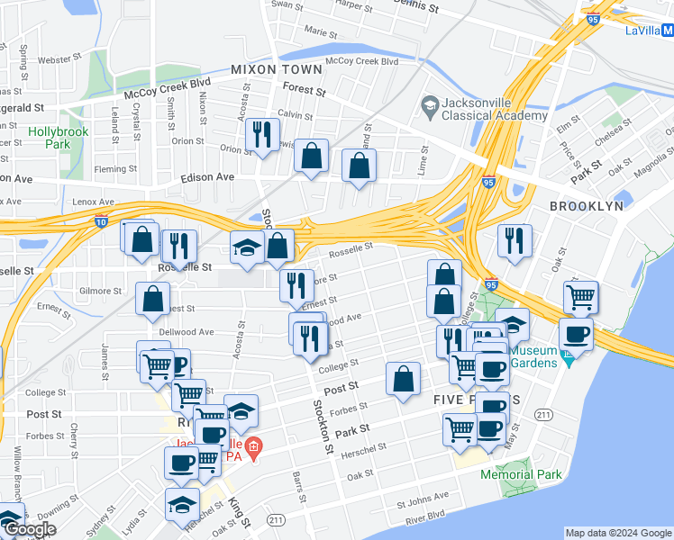 map of restaurants, bars, coffee shops, grocery stores, and more near 2243 Gilmore Street in Jacksonville