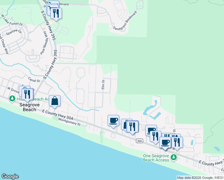 map of restaurants, bars, coffee shops, grocery stores, and more near 297 Elm Street in Santa Rosa Beach