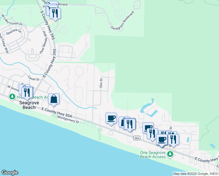 map of restaurants, bars, coffee shops, grocery stores, and more near 297 Elm Street in Santa Rosa Beach