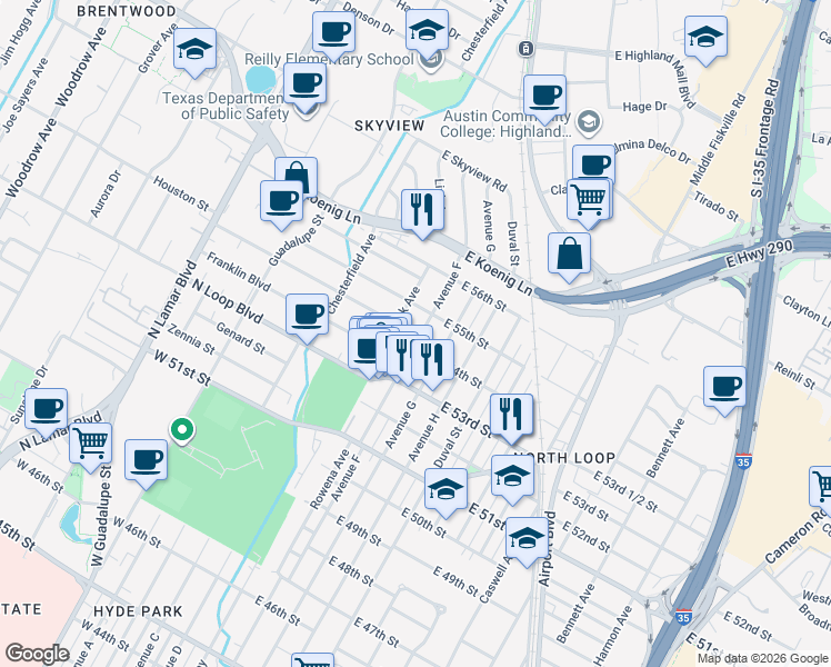 map of restaurants, bars, coffee shops, grocery stores, and more near 5404 Avenue F in Austin