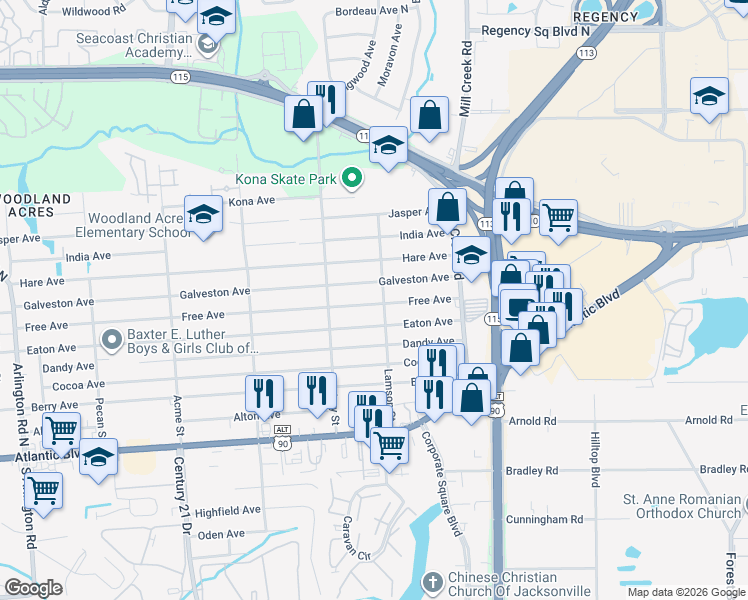 map of restaurants, bars, coffee shops, grocery stores, and more near 8834 Galveston Avenue in Jacksonville