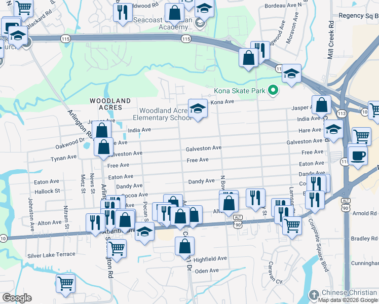 map of restaurants, bars, coffee shops, grocery stores, and more near 8157 Galveston Avenue in Jacksonville