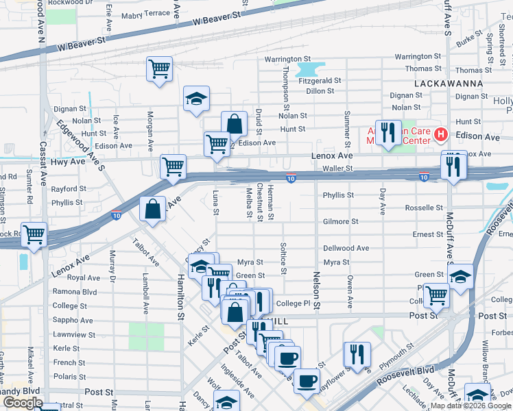 map of restaurants, bars, coffee shops, grocery stores, and more near 653 Chestnut Street in Jacksonville